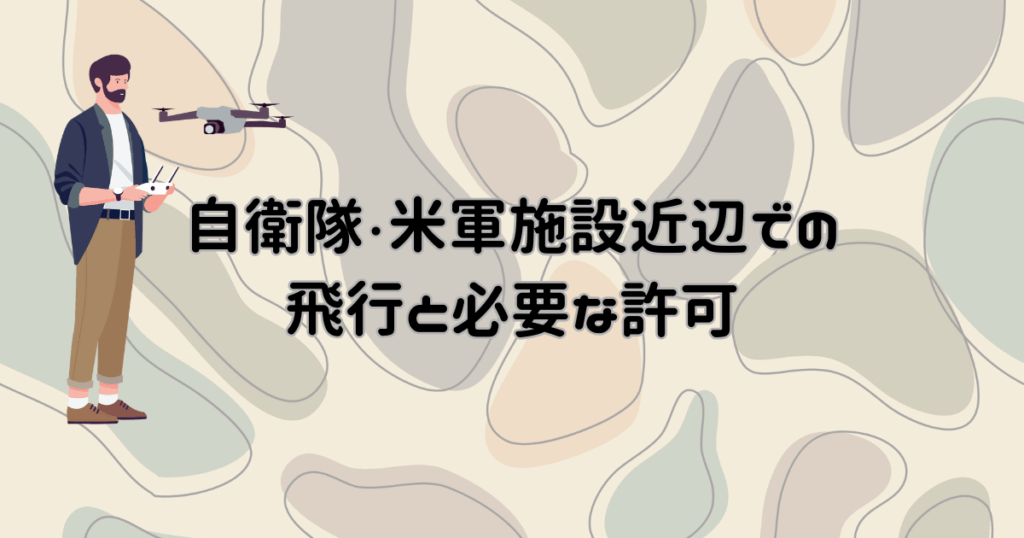 背景が迷彩柄、「自衛隊・米軍施設近辺での飛行と必要な許可」と文字が真ん中にありドローンを飛ばしている男の人の絵が左側にある
