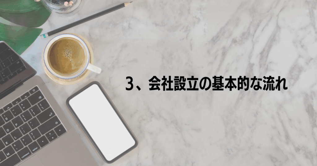 会社設立の流れを説明するためのセクション見出し画像 デスク背景に「3、会社設立の基本的な流れ」と大きく書かれた画像。
