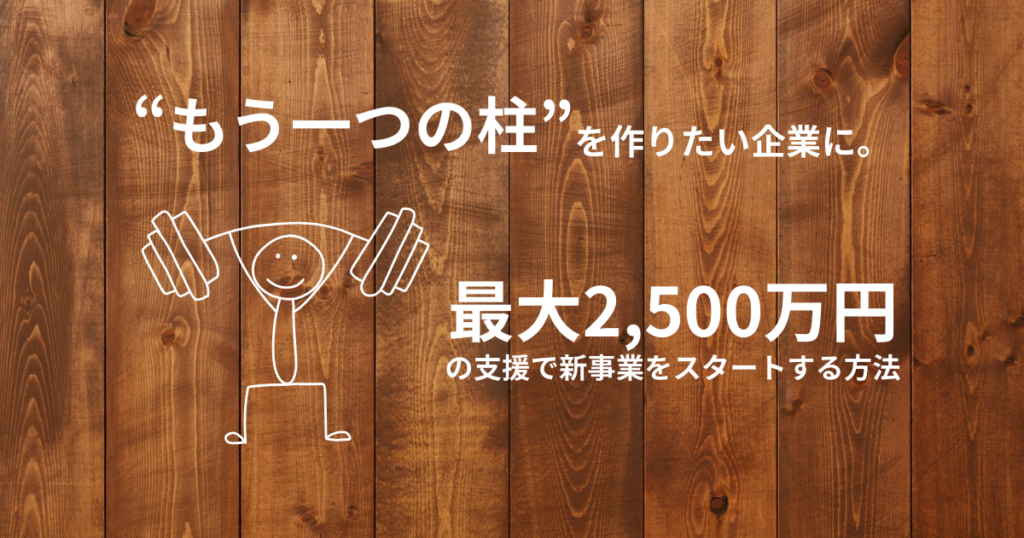 木目調の背景に、「“もう一つの柱”を作りたい企業に。」という文字と、バーベルを持ち上げる人型イラスト、そして「最大2,500万円の支援で新事業をスタートする方法」という見出しが配置された画像。