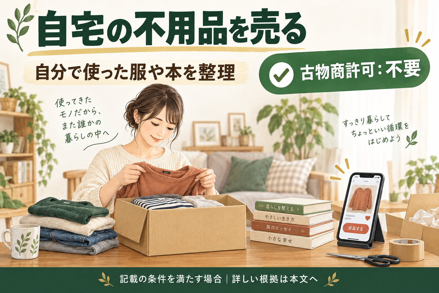 自宅の不用品を売る。古物商許可：不要。自分で使った服や本を整理。
