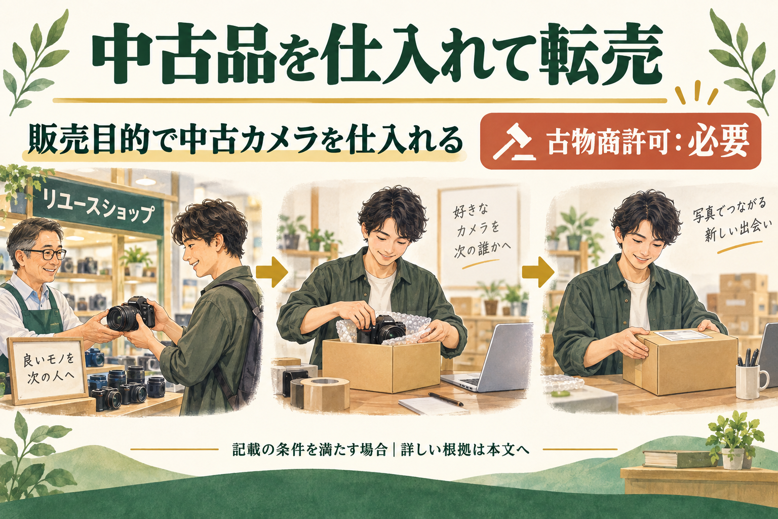 中古品を仕入れて転売。古物商許可:必要。販売目的で中古カメラを仕入れる。