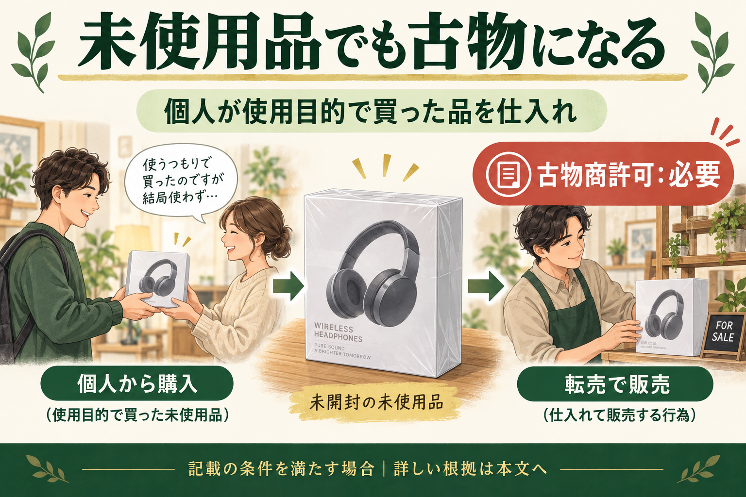 未使用品でも古物になる。古物商許可:必要。個人が使用目的で買った品を仕入れ。