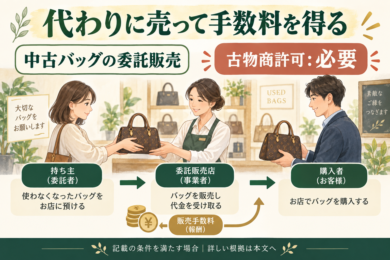 代わりに売って手数料を得る。古物商許可:必要。中古バッグの委託販売。