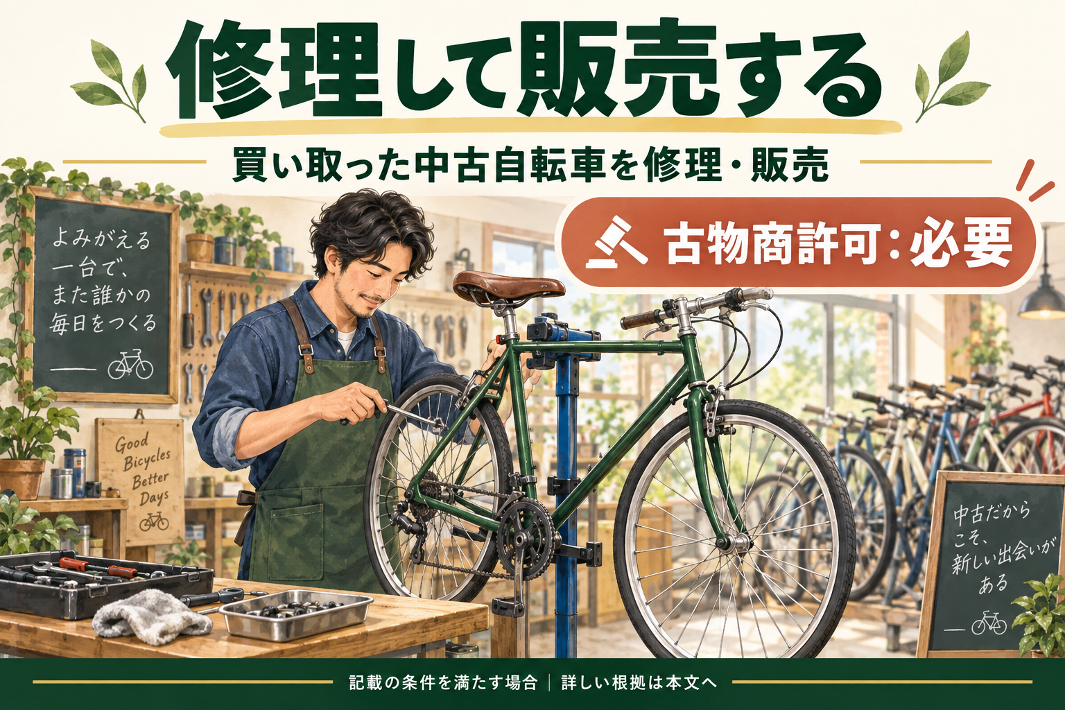 修理して販売する。古物商許可:必要。買い取った中古自転車を修理・販売。