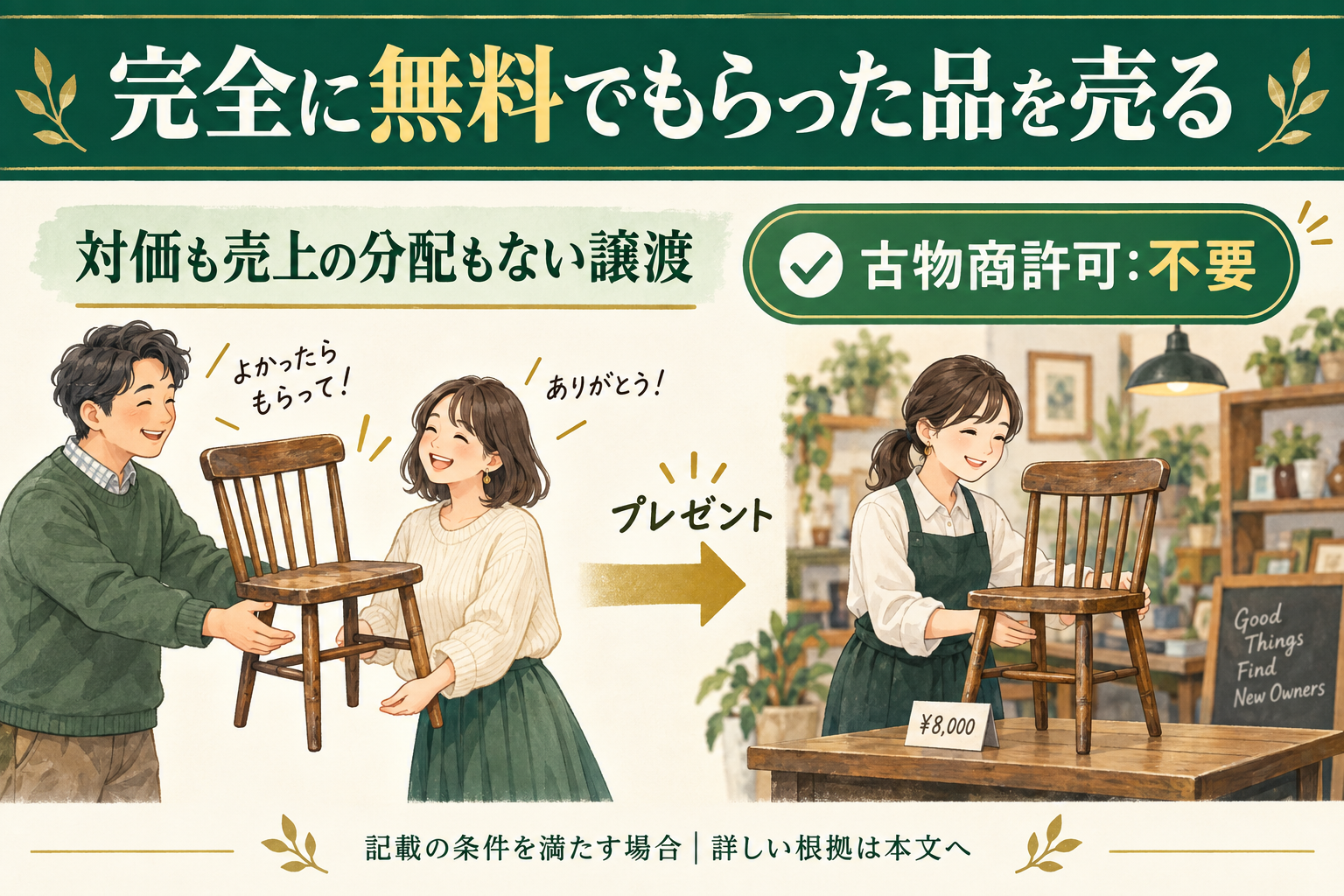 完全に無料でもらった品を売る。古物商許可:不要。対価も売上の分配もない譲渡。