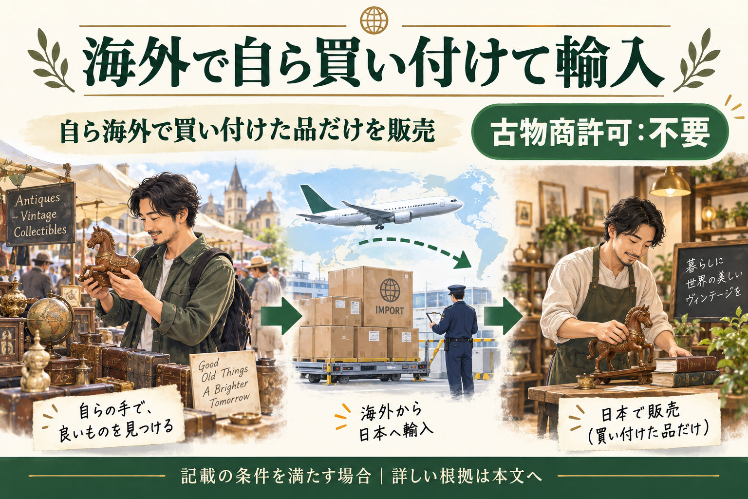 海外で自ら買い付けて輸入。古物商許可:不要。自ら海外で買い付けた品だけを販売。