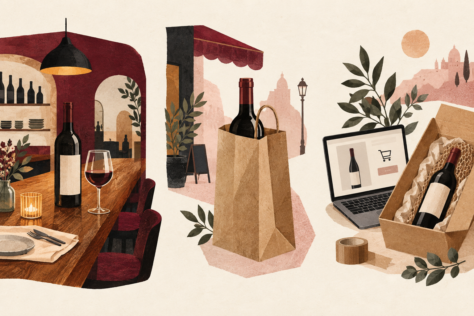 店内のワイングラス、持ち帰りの袋、ネット販売の梱包を並べたイラスト。