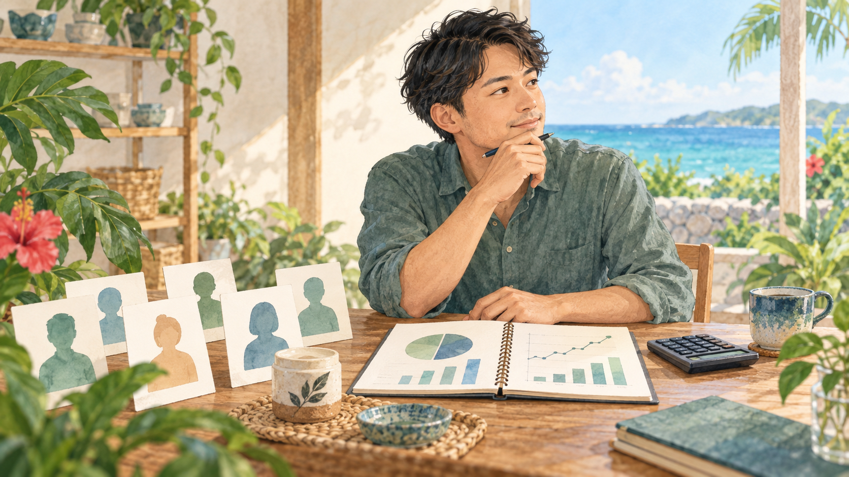 顧客像と売上の目標を整理し、販路拡大の計画を考える事業者のイラスト