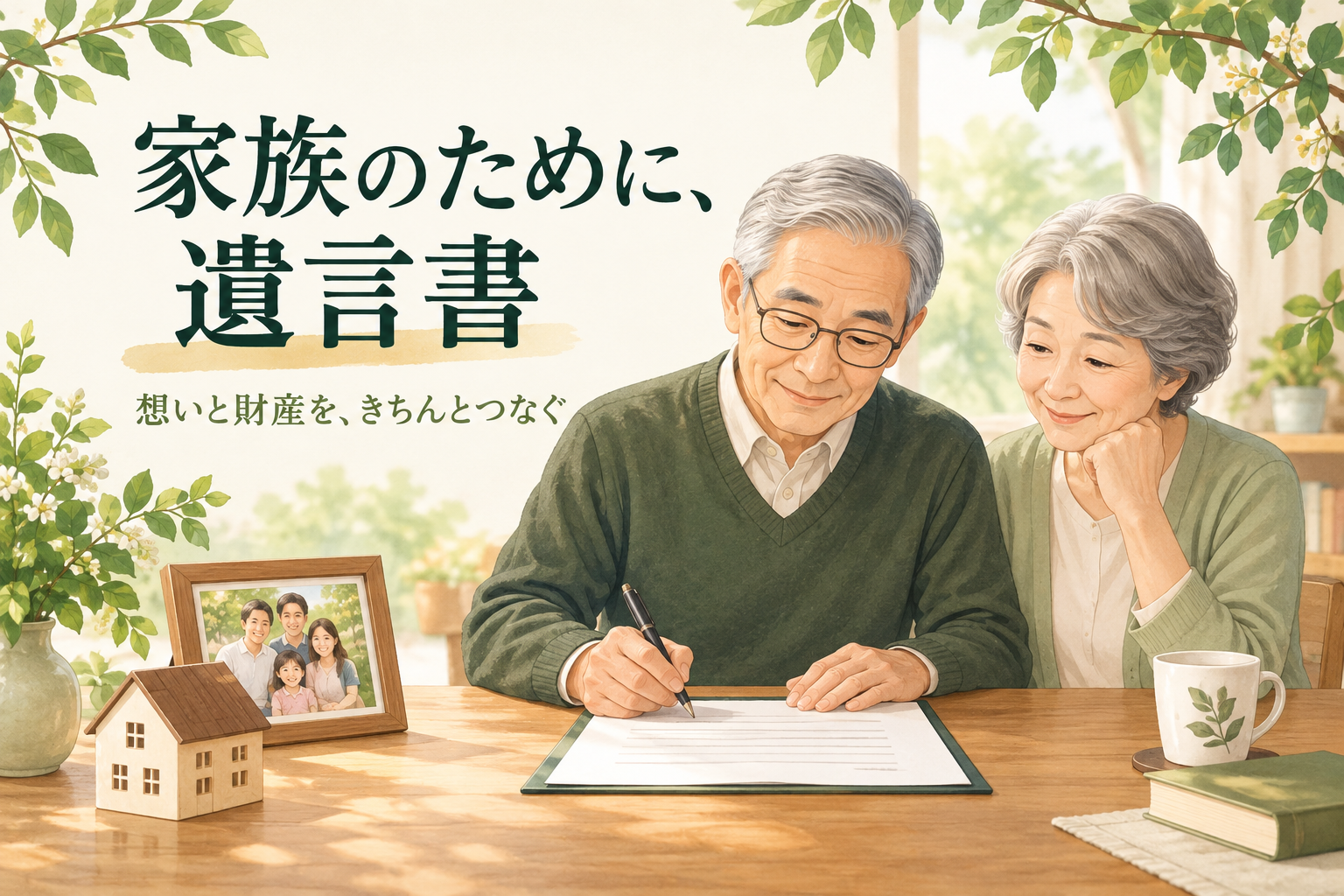家族のために遺言書の準備を考える夫婦。自宅と家族の写真をそばに、想いと財産の引継ぎを整理するイメージ。