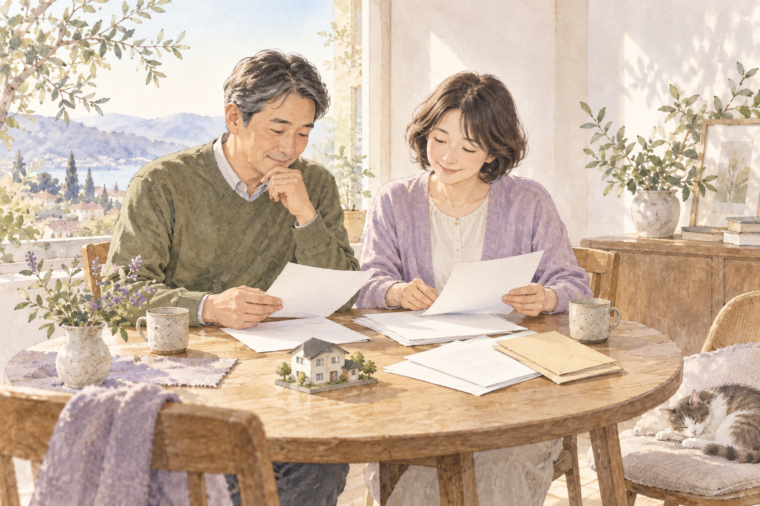 夫婦が自宅や財産の資料を一緒に整理する、水彩画のイラスト。