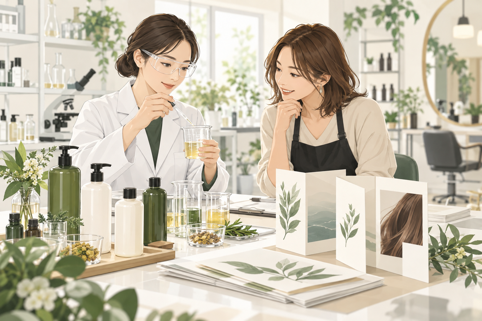 オリジナルシャンプーの試作開発とパンフレット制作のイメージイラスト
