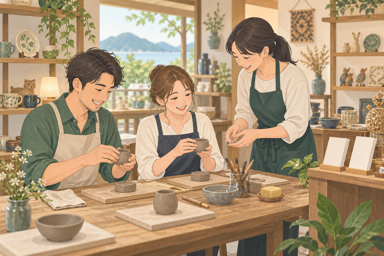 工芸品店のスペースを活用した旅行客向け制作体験のイメージイラスト