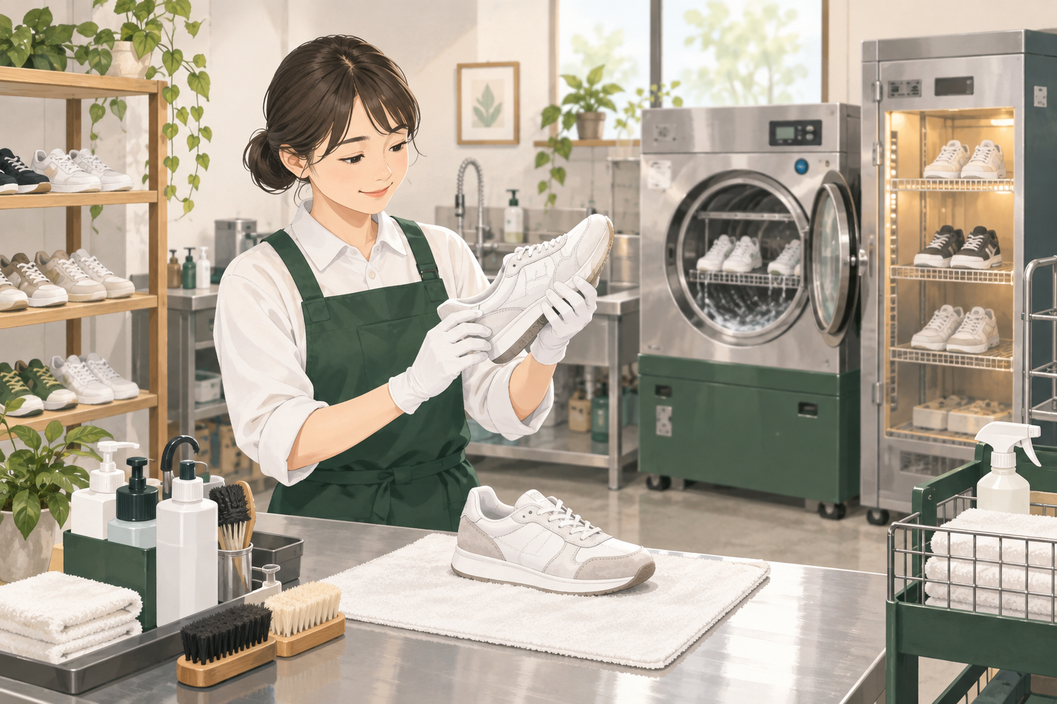 専用機器を用いたスタッフによる靴・スニーカー洗浄のイメージイラスト