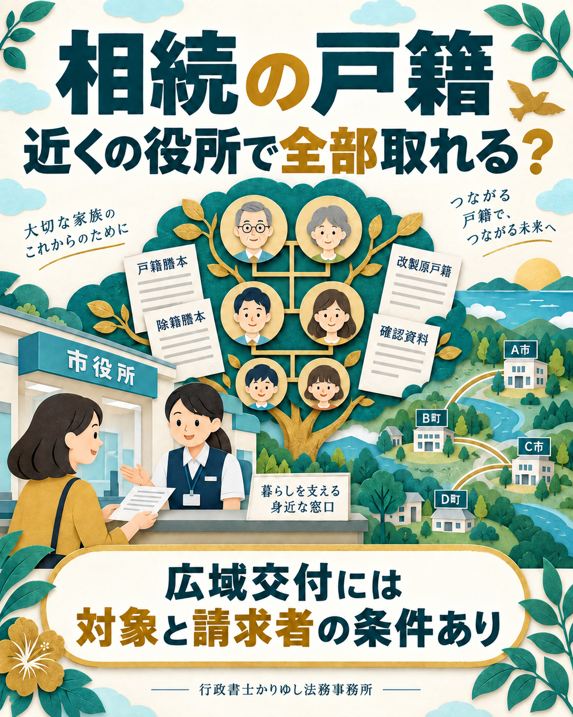 相続の戸籍、近くの役所で全部取れる？広域交付でできること・できないことの説明用画像
