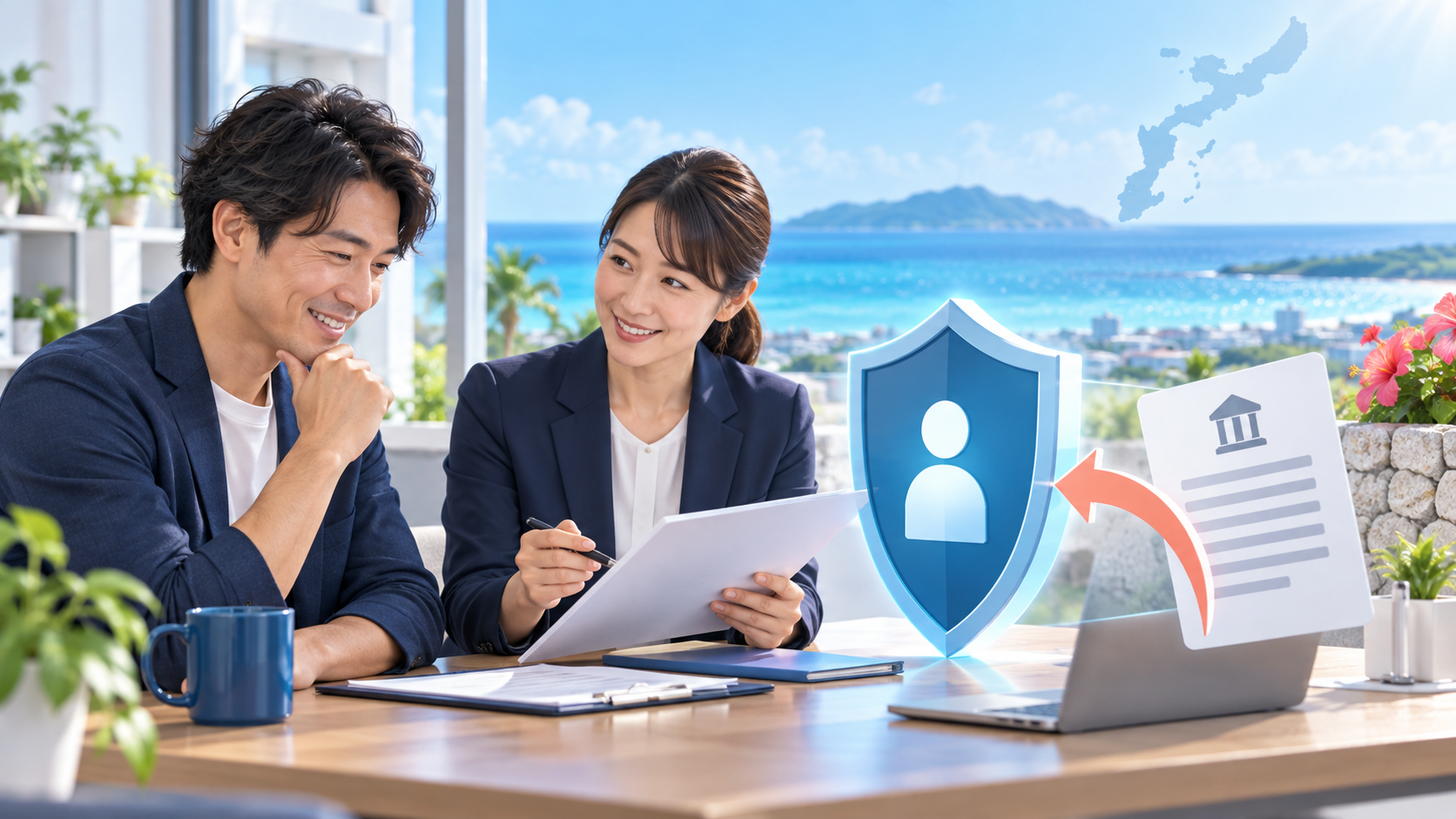 沖縄の海を背景に創業者と専門家が資金計画を相談するイメージ（AI生成）