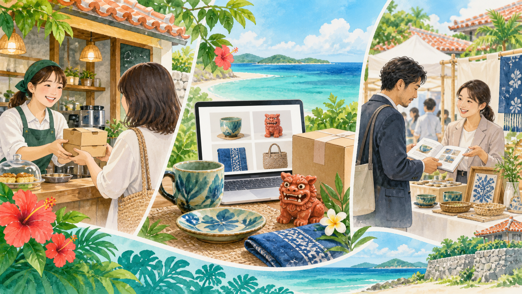 地域での接客、オンライン販売、展示会での商談という3つの販路を描いたイラスト
