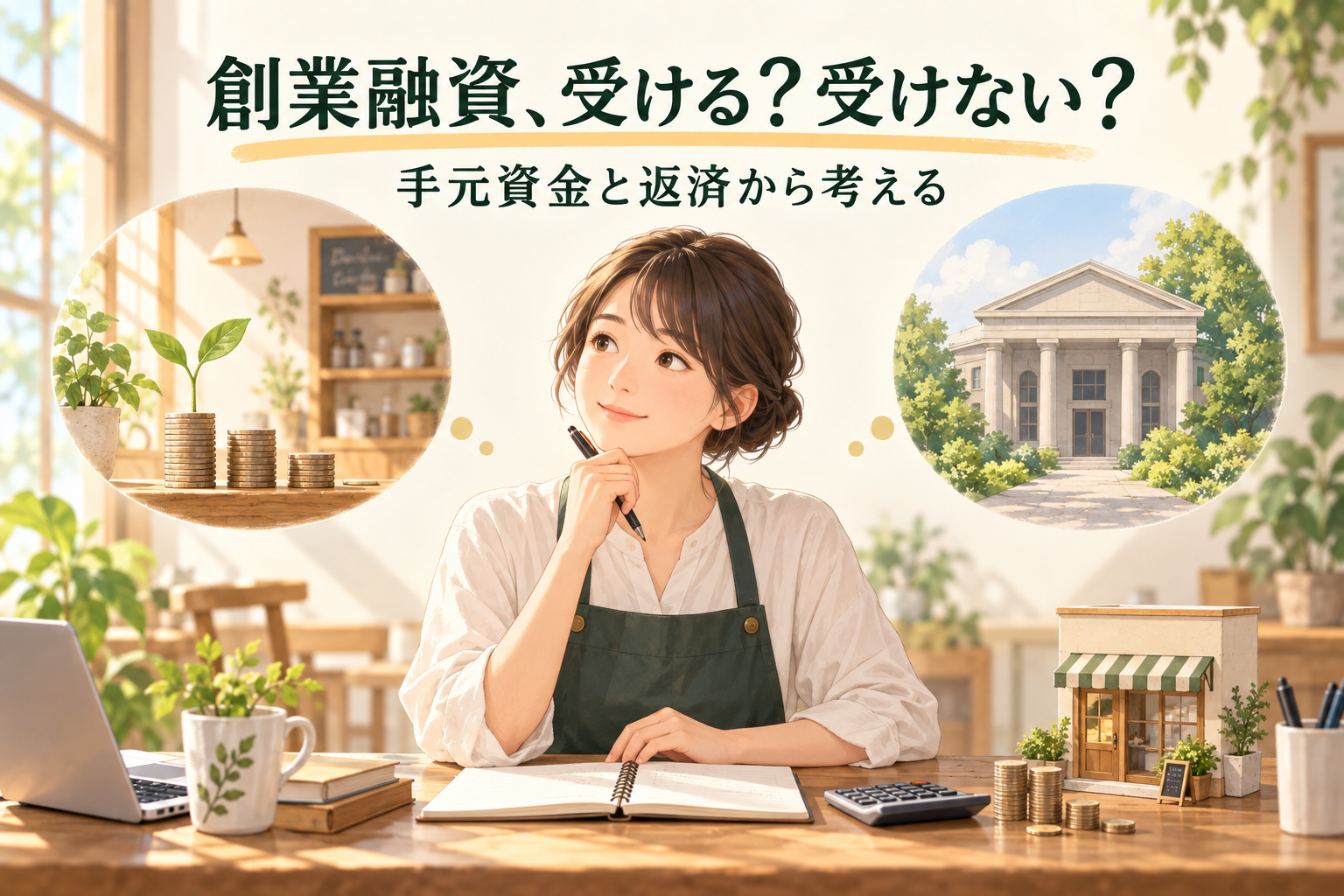 創業融資を受けるか、自己資金で開業するかを考える小さなお店の経営者
