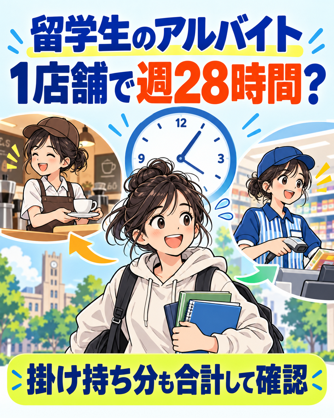 留学生のアルバイト、1店舗で週28時間?採用前に確認したい掛け持ちと許可の説明用画像