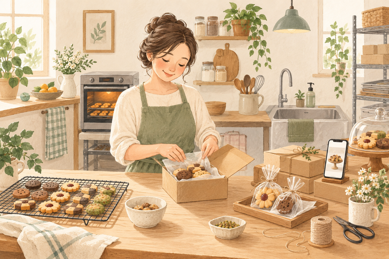 焼き菓子を包装する人と、お菓子の工房を描いた温かなイラスト。