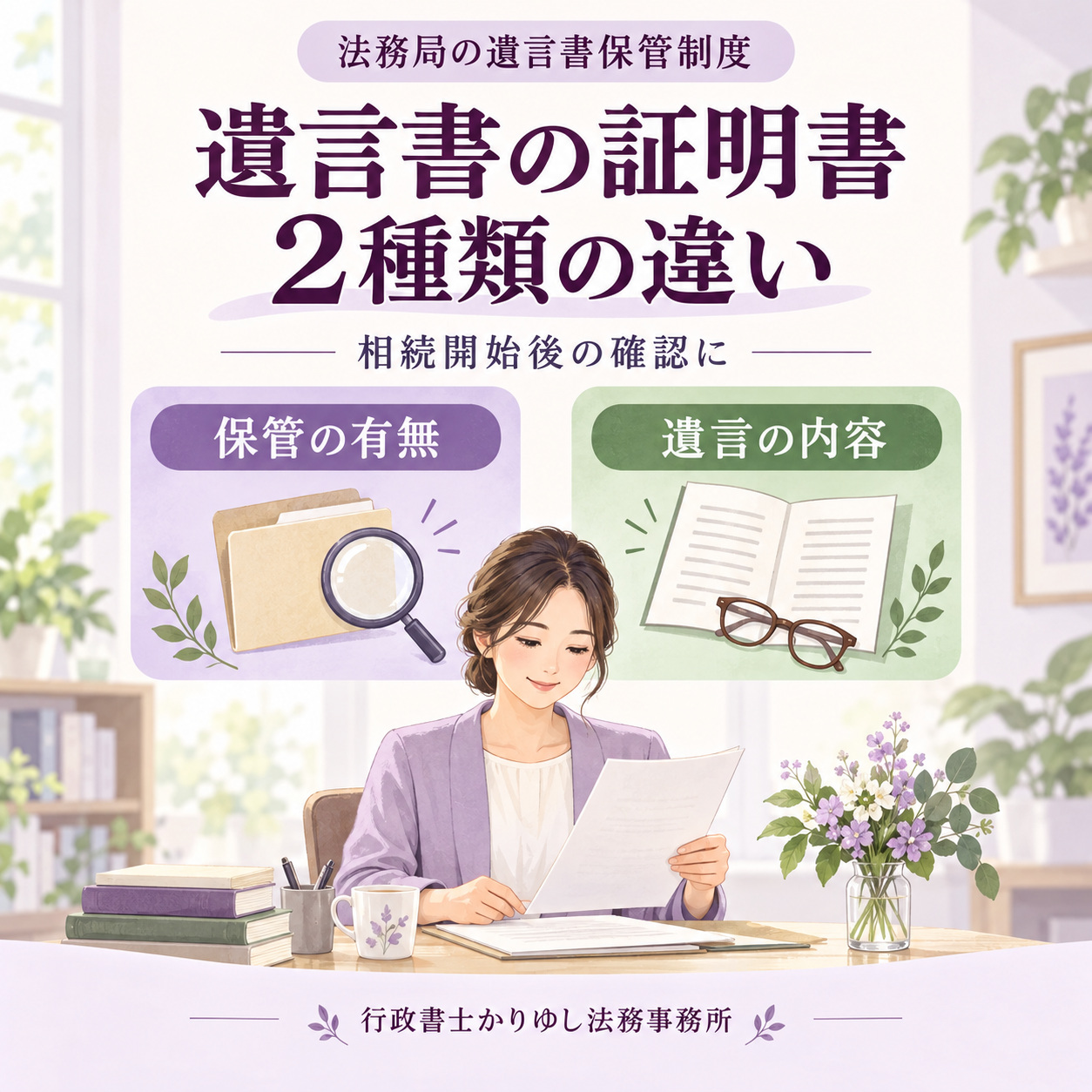 法務局の遺言書の証明書、どちらを取る？「保管の有無」と「内容」の違いの説明用画像